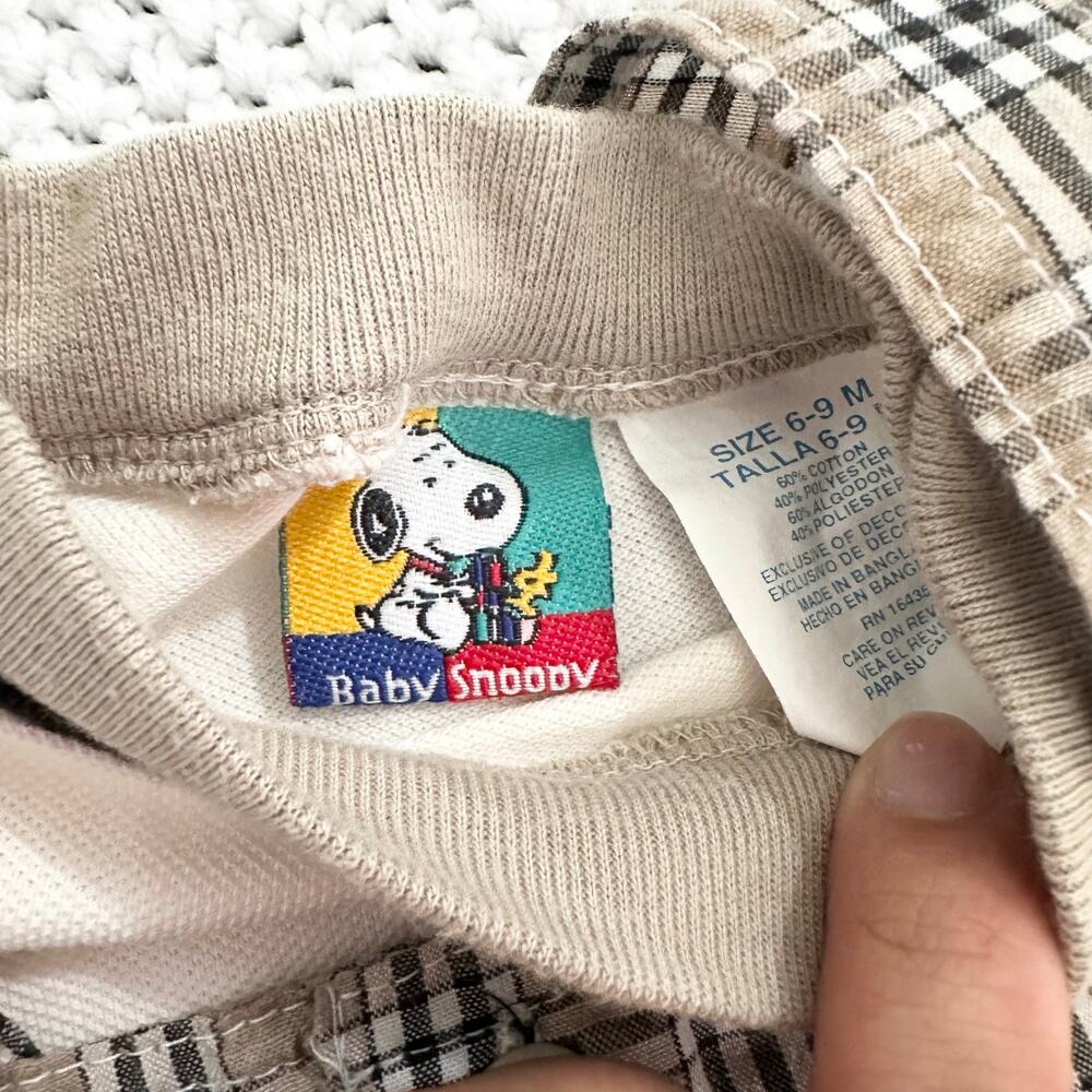 Baby Snoopy Safari Brown Grid Plaid Cargo Overalls Tee Shirt Bucket Hat 6-9M Y2K - Picture 6 of 7